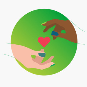 Colorful and illustrated icon of two hands crossing, divided by a red heart, indicating unity and support.