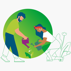 Colorful and illustrated icon of two boys watering a garden together.