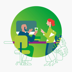 Colorful and illustrated graphic of two colleagues exchanging opinions at work