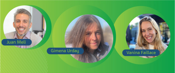 Green banner with circles containing photos of Juan Meli, Gimena Urday and Vanina Faillace