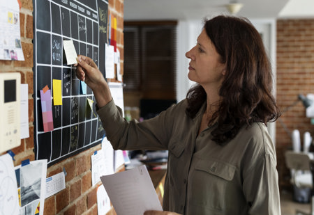 Woman with ADHD using a wall chart calendar and sticky notes to track daily tasks